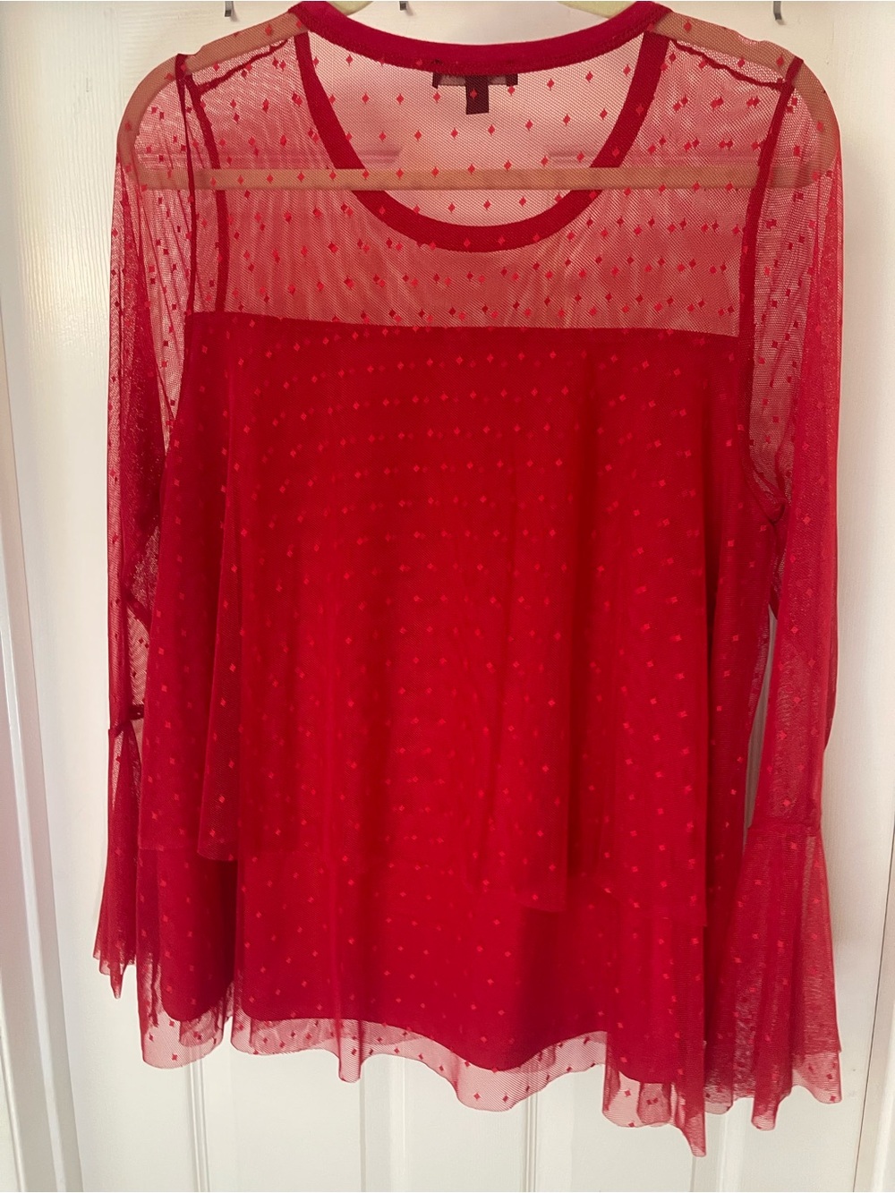 Lane Bryant Red Sheer Dotted Bell Sleeve Top 14/17 - Picture 2 of 4